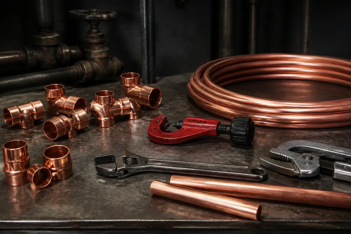 Plumbing tools and copper fittings on a steel workbench at Steve’s Water Works