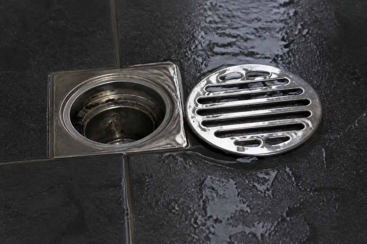 Chrome floor drain on dark wet tile after drain cleaning
