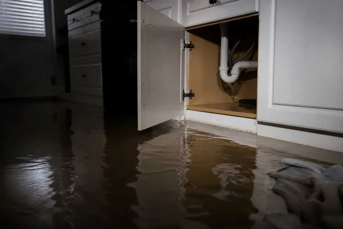 Standing water on a residential kitchen floor from a plumbing leak
