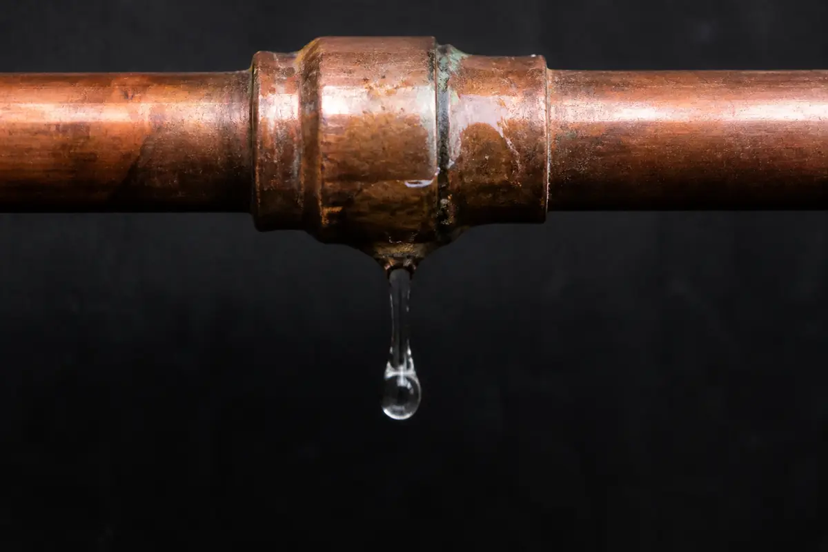 Close-up of a leaking copper pipe joint with a water drip