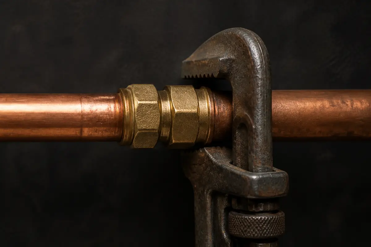Copper pipe coupling and pipe wrench during a plumbing repair