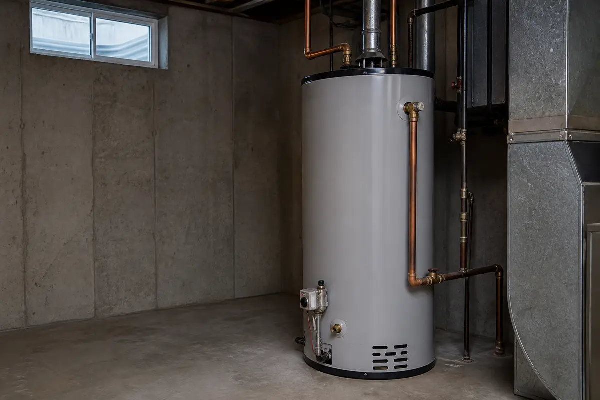 Residential tank water heater with copper piping in a basement utility room